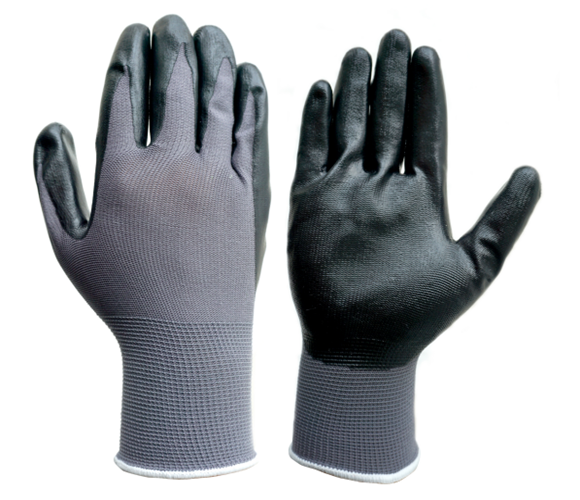 13 gauge gray polyester with black nitrille gloves