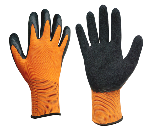 13 gauge orange polyester with black latex foam coated gloves