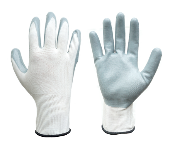 13 gauge white polyester with gray nitrile palm coated gloves