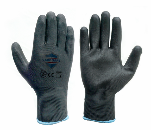 13G black polyester black PU work gloves